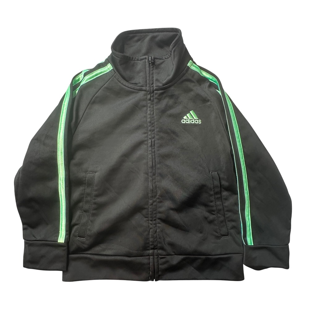 Adidas Track Jacket Kids 2T Black HCM061 Full Zip Neon Green Stripes Athletic